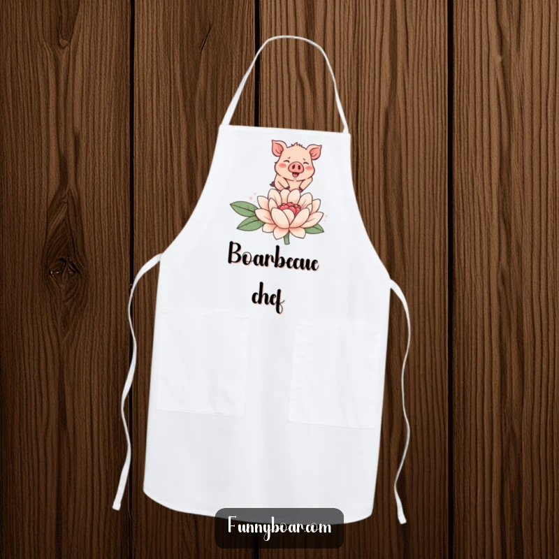 Funny cooking apron with a tiny, rosy-cheeked boar joyfully leaping over a large, smiling flower, perfect for kitchen or garden.