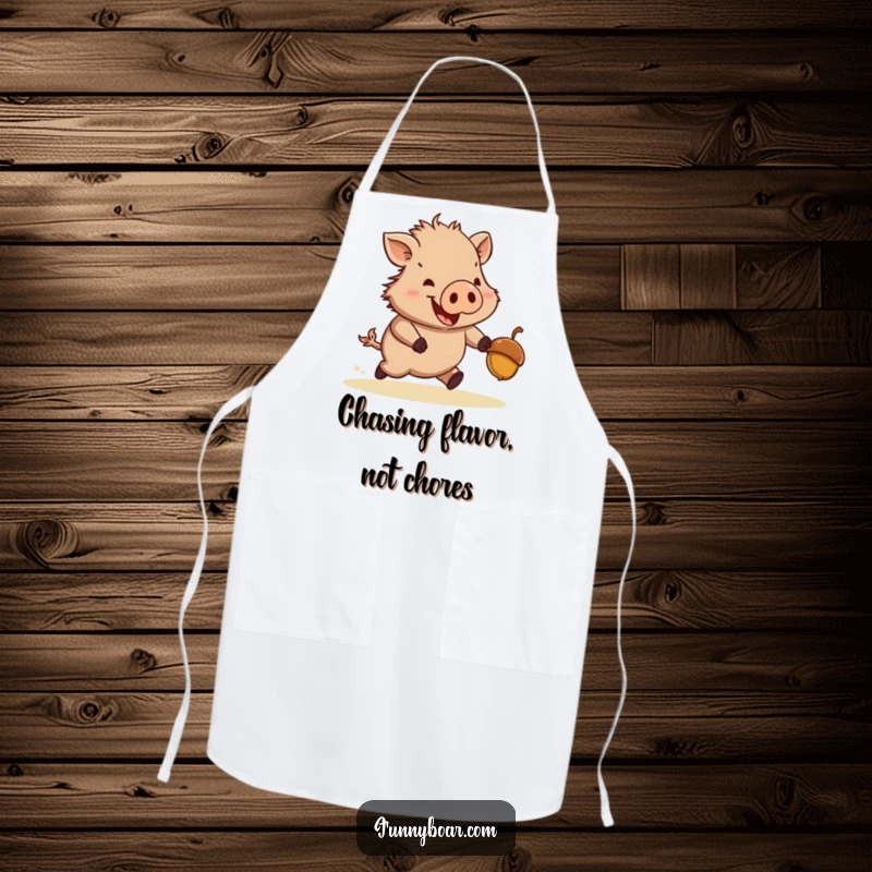 Funny apron: A stout, short-legged boar playfully chases a bouncing acorn, designed for kitchen fun and culinary quests.