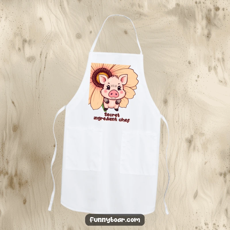 Funny Apron: A cute boar with sparkling eyes shyly peeks from behind a giant flower, a sweet kitchen accessory.