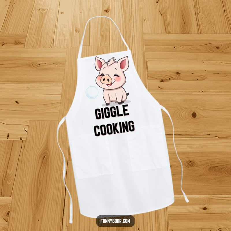 Funny Apron: A smiling boar with floppy ears giggles while reaching for a floating bubble, a cheerful kitchen accessory.
