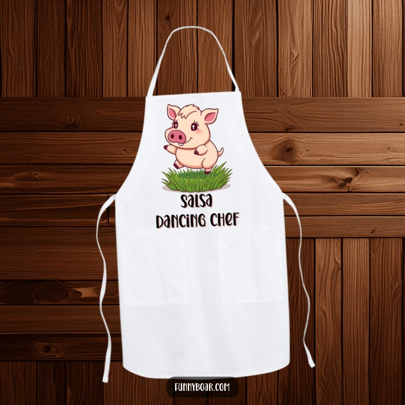 Funny apron: A portly boar with sparkling eyes joyfully bounces on a springy patch of grass, perfect for culinary fun.