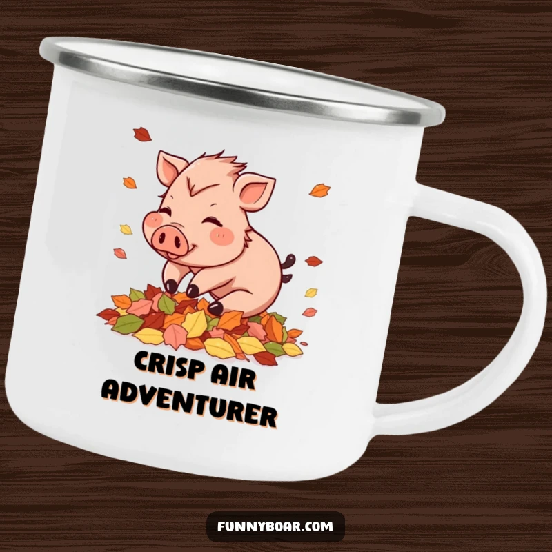 Funny Camping Mug: A rosy-cheeked small boar playfully tumbles into autumn leaves, designed for outdoor fun.