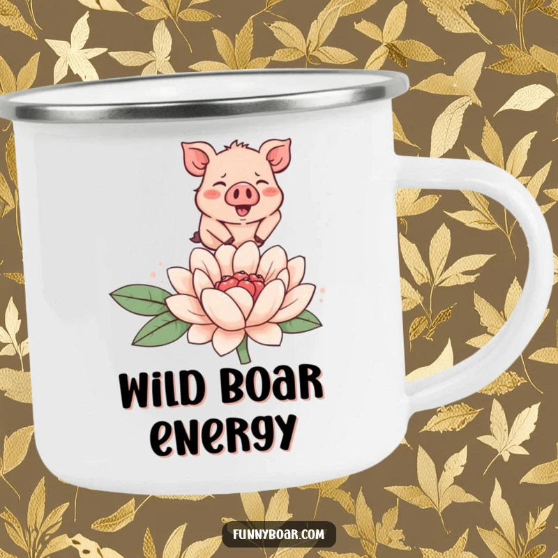 Funny enamel camping mug featuring a tiny, rosy-cheeked boar joyfully leaping over a large, smiling flower, built for outdoor use.