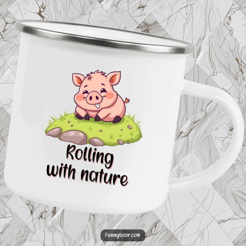 Funny Camping Mug: A chubby boar with a big smile happily rolls down a grassy hill, built for adventure.
