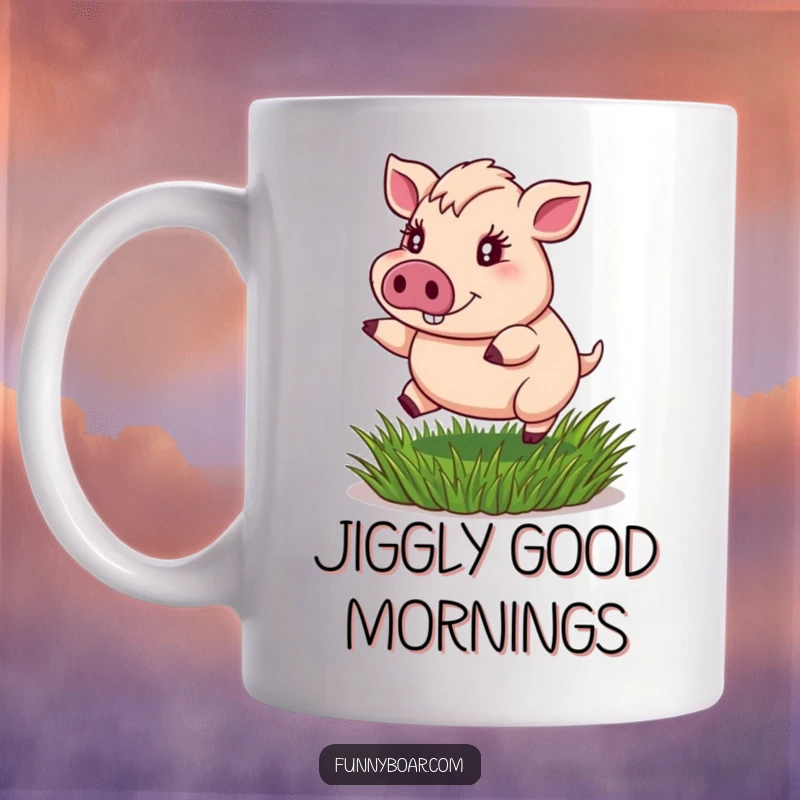 Funny mug: A portly boar with sparkling eyes joyfully bounces on a springy tuft of grass, radiating pure happiness.