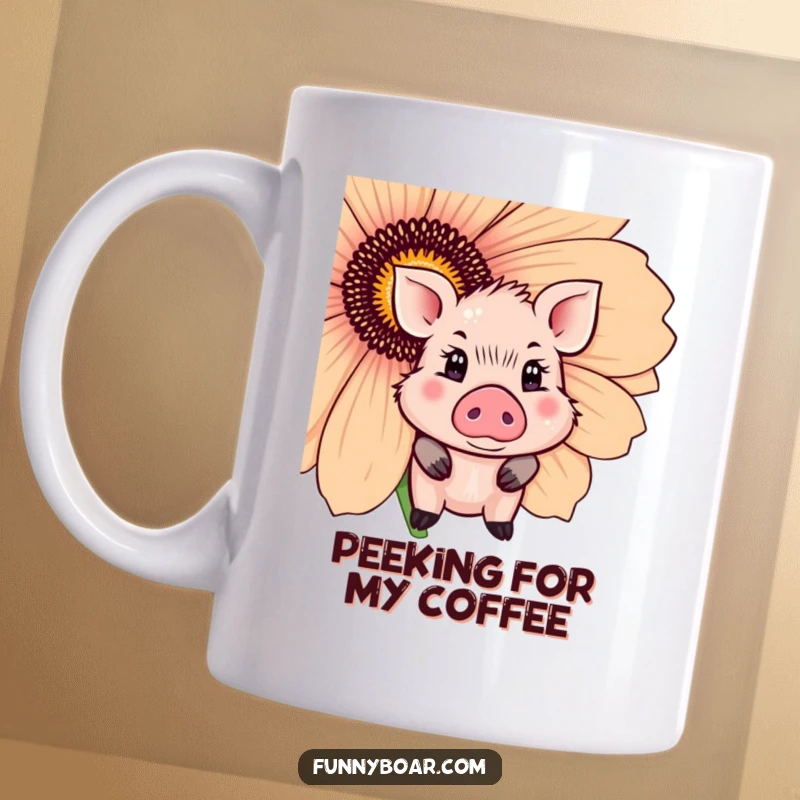 Funny Mug: A cute boar with sparkling eyes shyly peeks from behind a large, vibrant flower, full of bashful charm.