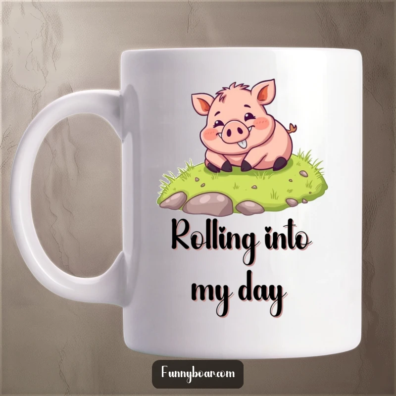 Funny Mug: A chubby, smiling boar happily tumbles down a green grassy hill, showcasing uninhibited delight.