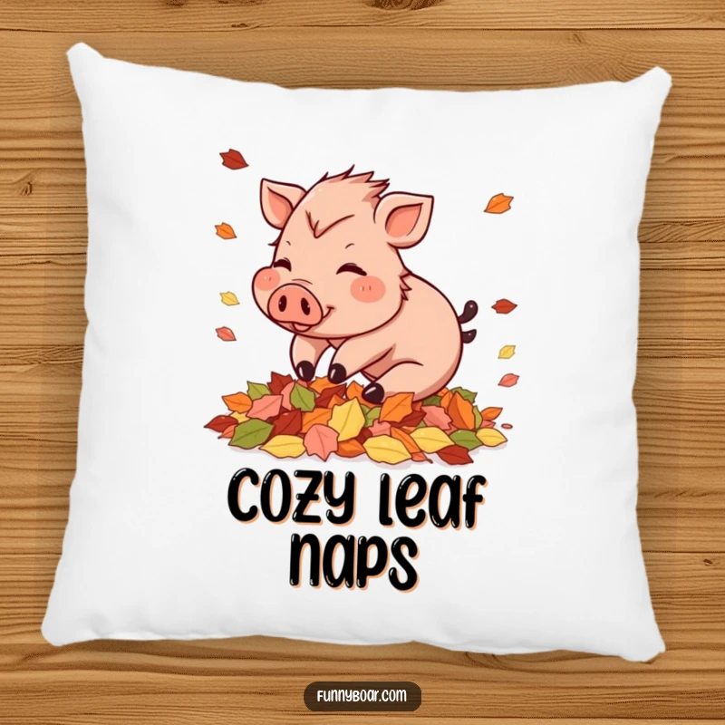 Funny Pillow: A rosy-cheeked small boar playfully tumbles into a heap of autumn leaves, soft and inviting.