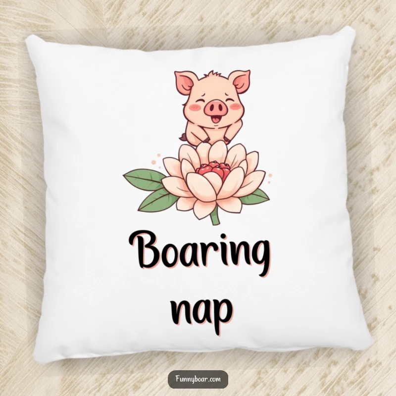 Funny pillow featuring a tiny, round, rosy-cheeked boar joyfully leaping over a large, smiling flower, offering comfort and charm.