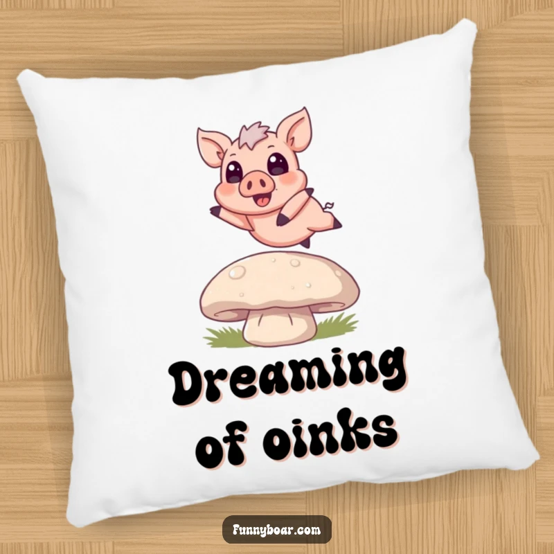 Funny Pillow: A small boar with big eyes is captured mid-air, joyfully jumping over a giant mushroom, soft and huggable.