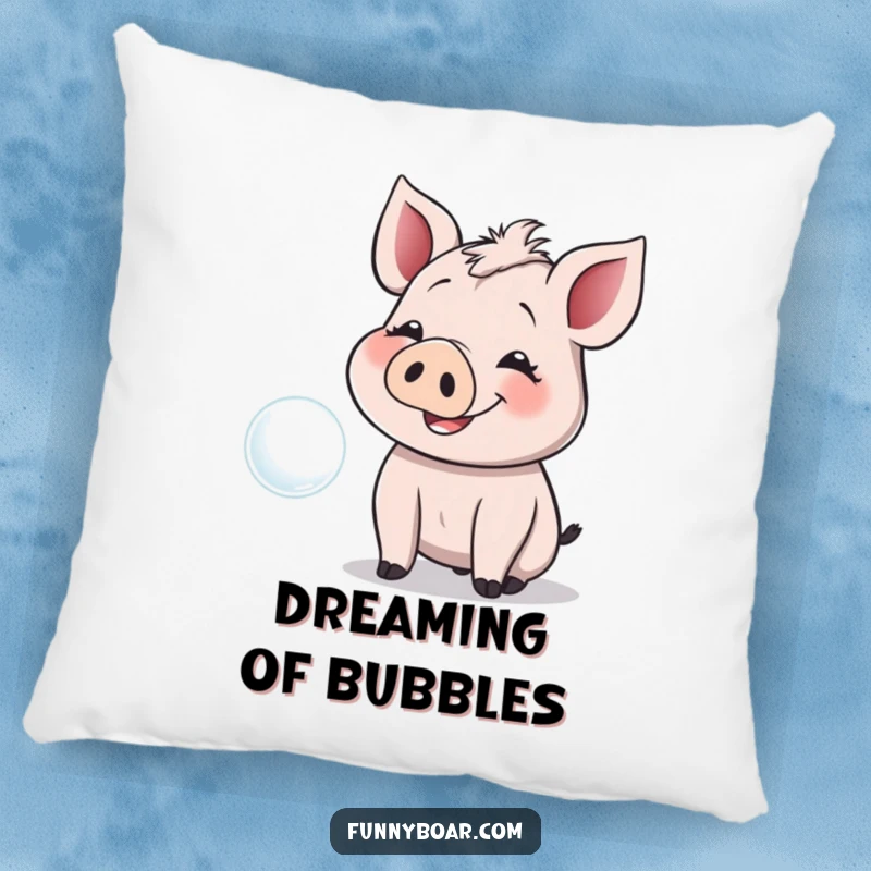 Funny Pillow: A smiling boar with floppy ears giggles while reaching for a floating bubble, soft and inviting.