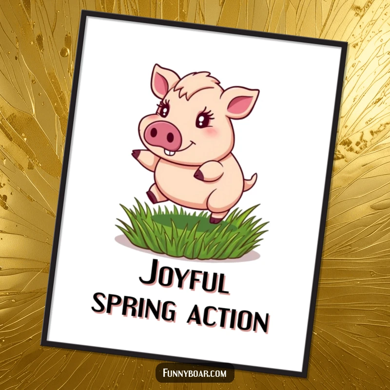 Funny digital art print: A portly boar with sparkling eyes bounces joyfully on a springy tuft of grass, creating a whimsical and humorous illustration.