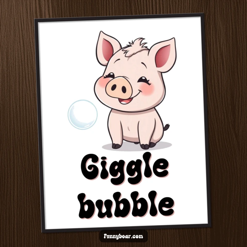 Funny Digital Art Print: A smiling boar with floppy ears giggles while reaching for a floating bubble, vibrant and cheerful.