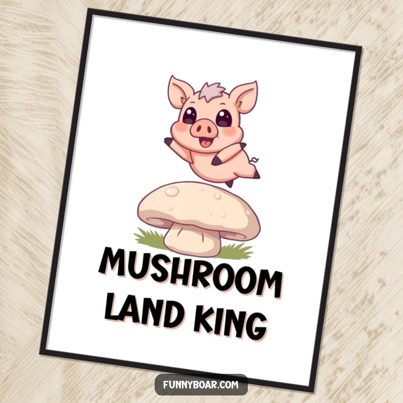 Funny Digital Art Print: A small boar with huge eyes joyfully jumps over a giant mushroom, vibrant and full of life.