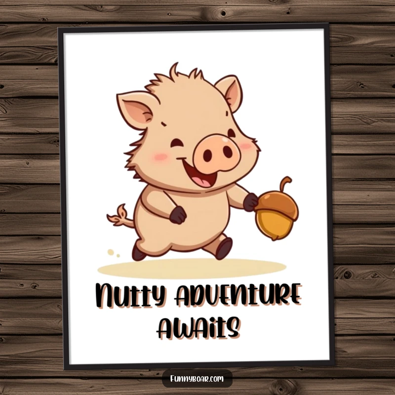 Funny digital art print: A stout, short-legged boar with boundless energy enthusiastically chases a bouncing acorn, a whimsical and humorous illustration.