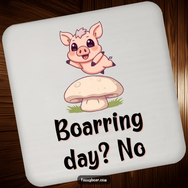 Funny Coaster: A tiny boar with oversized eyes happily leaps over a large mushroom, preventing rings with a smile.