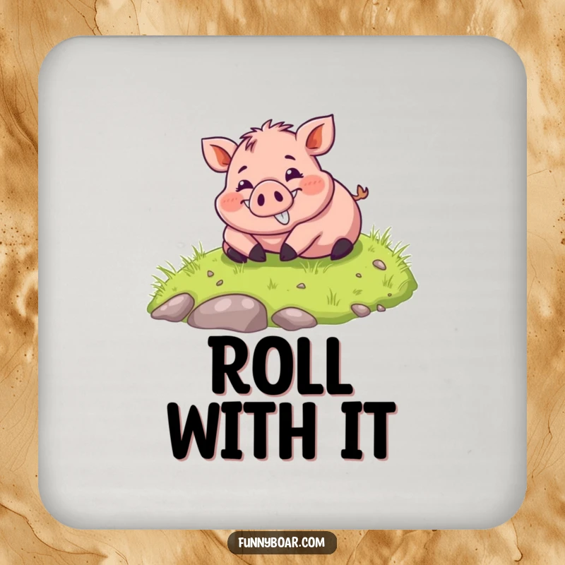 Funny Coaster: A chubby boar with a wide smile happily rolls down a grassy hill, preventing rings with cheer.