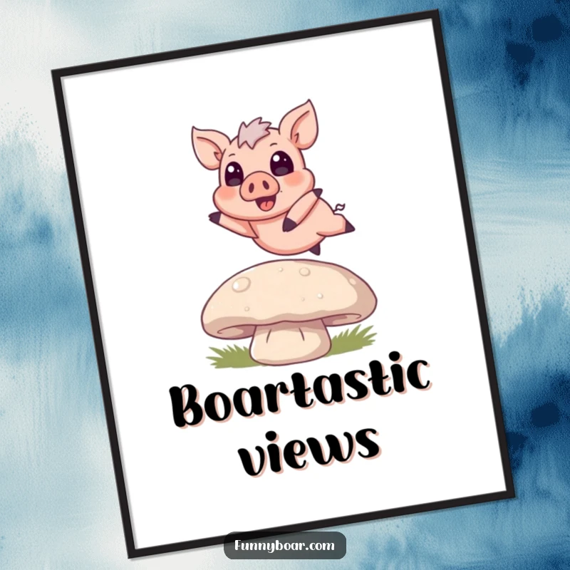 Funny Poster: A tiny boar with oversized eyes gleefully jumps over a large mushroom, capturing a moment of pure delight.