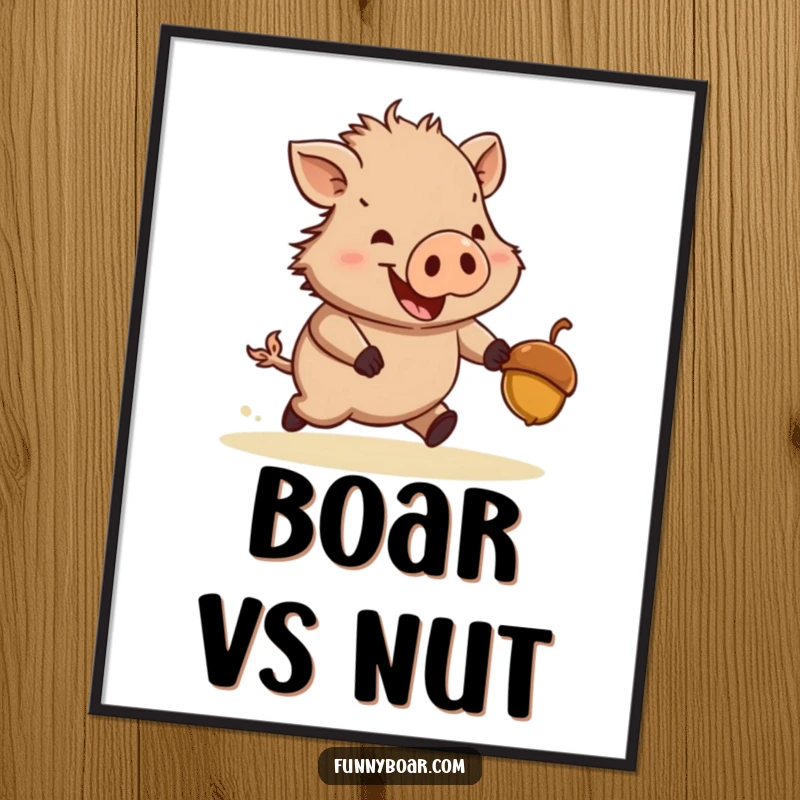 Funny poster: A stout, short-legged boar energetically chases a lively bouncing acorn, creating a whimsical and humorous piece of wall art.