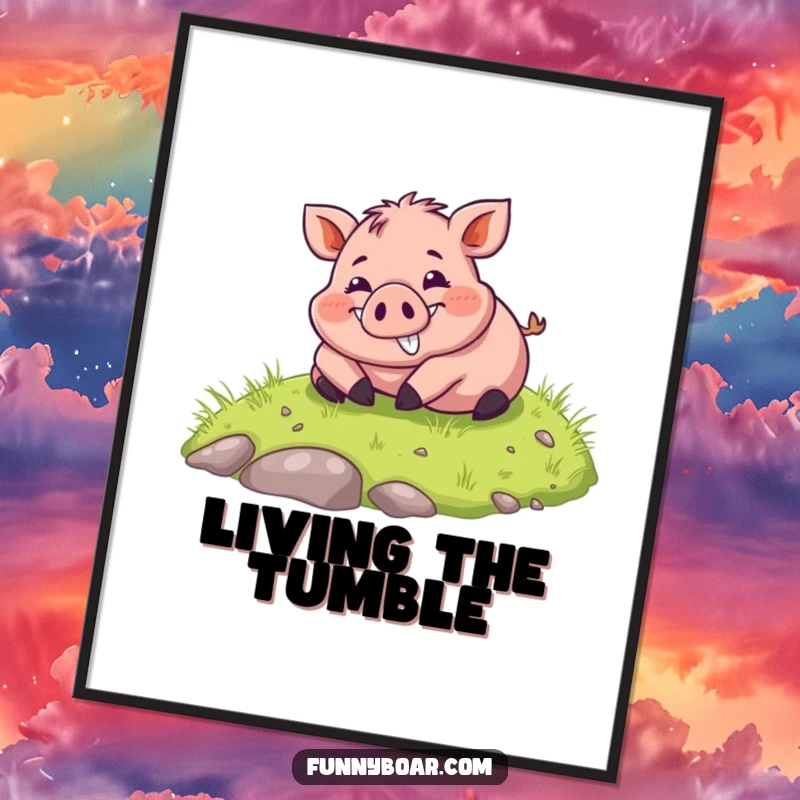 Funny Poster: A chubby boar with a wide, joyful smile exuberantly rolls down a green grassy hill, full of glee.