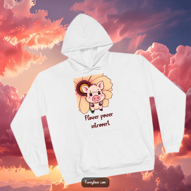Funny Hoodie: A small boar with sparkling, shy eyes peeks from behind a large flower, soft and comforting.