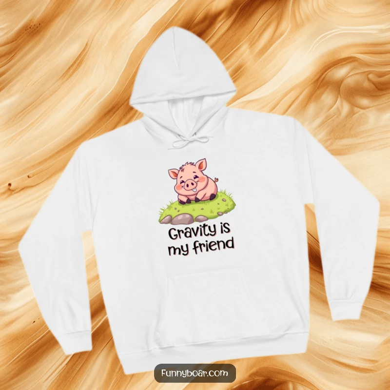 Funny Hoodie: A wide-smiling, chubby boar happily rolls down a sunlit grassy hill, bringing warmth and cheer.