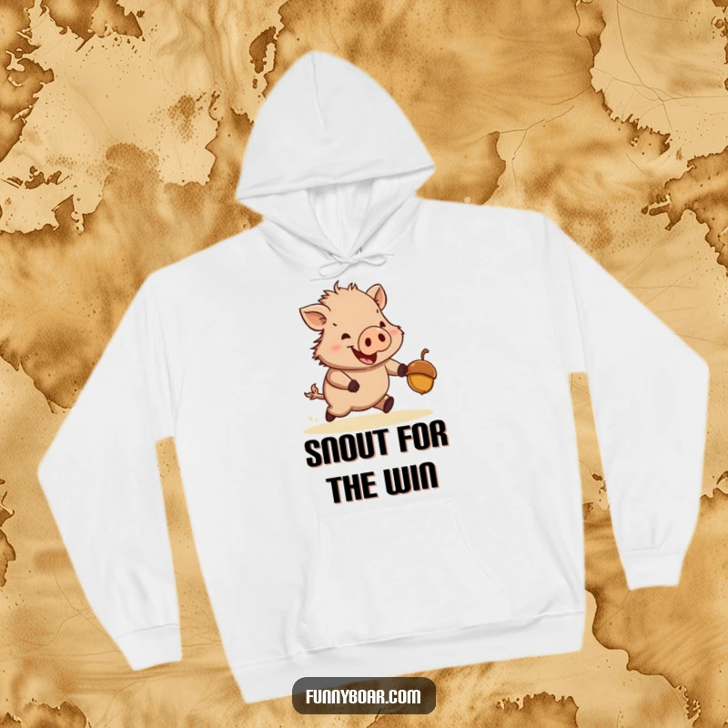 Funny hoodie: A stout, short-legged boar heroically chases a bouncy acorn with unwavering enthusiasm, depicted in a comical and heartwarming scene.