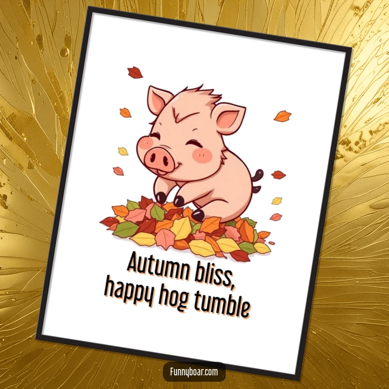 Funny Free Printable Wall Art: Small boar with rosy cheeks playfully tumbling into a pile of autumn leaves.