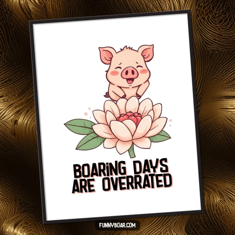 Funny Free Printable Wall Art: A tiny, round boar with rosy cheeks joyfully leaps over a large, smiling flower.
