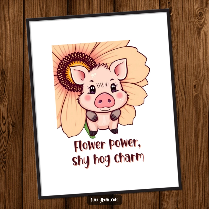 Funny Free Printable Wall Art: Cute boar with sparkling eyes shyly peeking out from behind a giant flower.