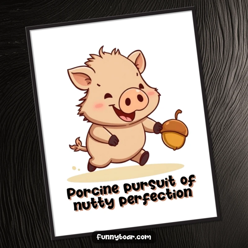 Funny Free Printable Wall Art: Stout boar with short legs enthusiastically chasing a bouncing acorn, creating a humorous scene.