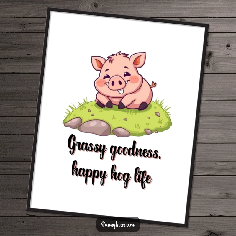 Funny Free Printable Wall Art: Chubby boar with a wide smile happily rolling down a grassy hill.