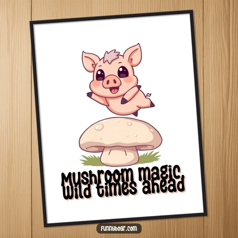 Funny Free Printable Wall Art: Tiny boar with oversized eyes joyfully oinking while jumping over a large mushroom.