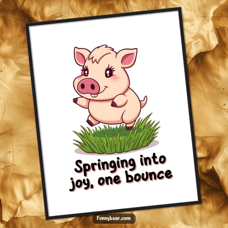Funny Free Printable Wall Art: Portly boar with sparkling eyes exuberantly bouncing on a springy tuft of grass, full of glee.