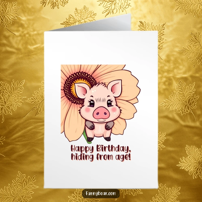 Funny Free Printable Birthday Card: Cute boar with sparkling eyes shyly peeking from behind a giant flower.