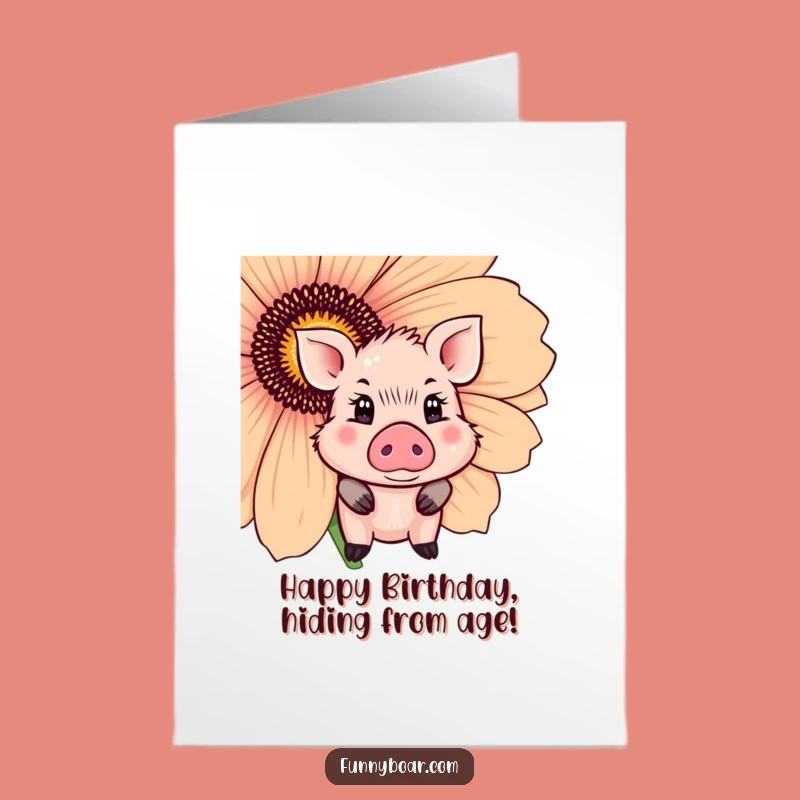 Free Printable Birthday Card: Shy Boar Behind Flower Funny Downloadable Gift
