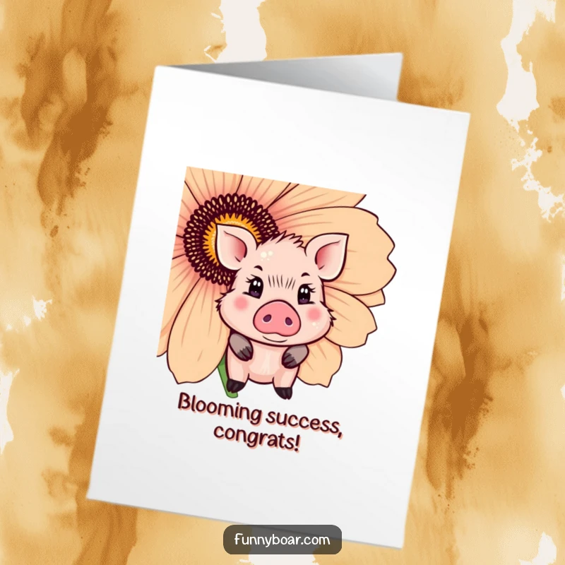 Funny Free Printable Congratulations Card: Cute boar with sparkling eyes shyly peeking from behind a giant flower.