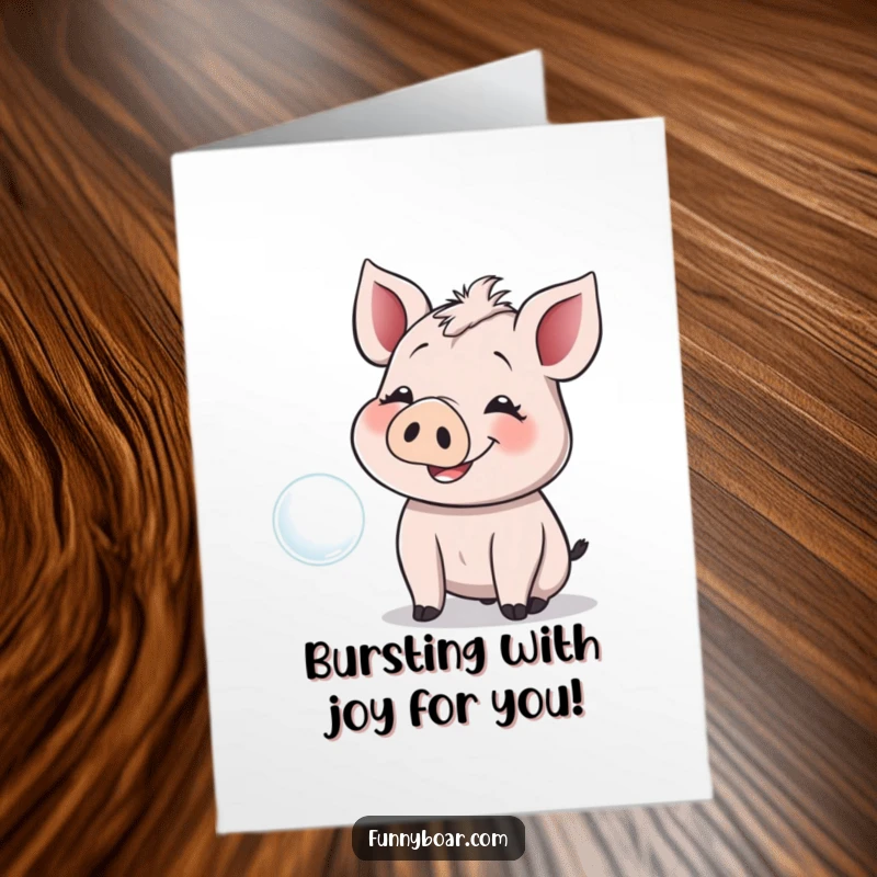 Funny Free Printable Congratulations Card: Smiling boar with floppy ears giggling while trying to catch a floating bubble.