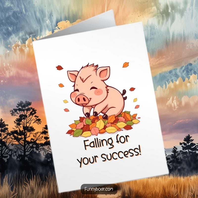 Funny Free Printable Congratulations Card: Small boar with rosy cheeks playfully tumbling into autumn leaves.
