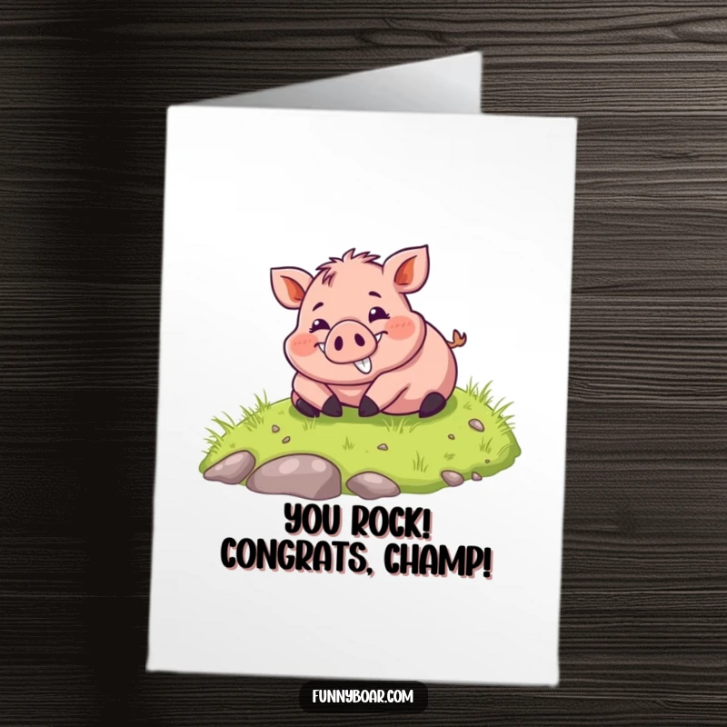 Funny Free Printable Congratulations Card: Chubby boar with a wide smile joyfully rolling down a grassy hill.