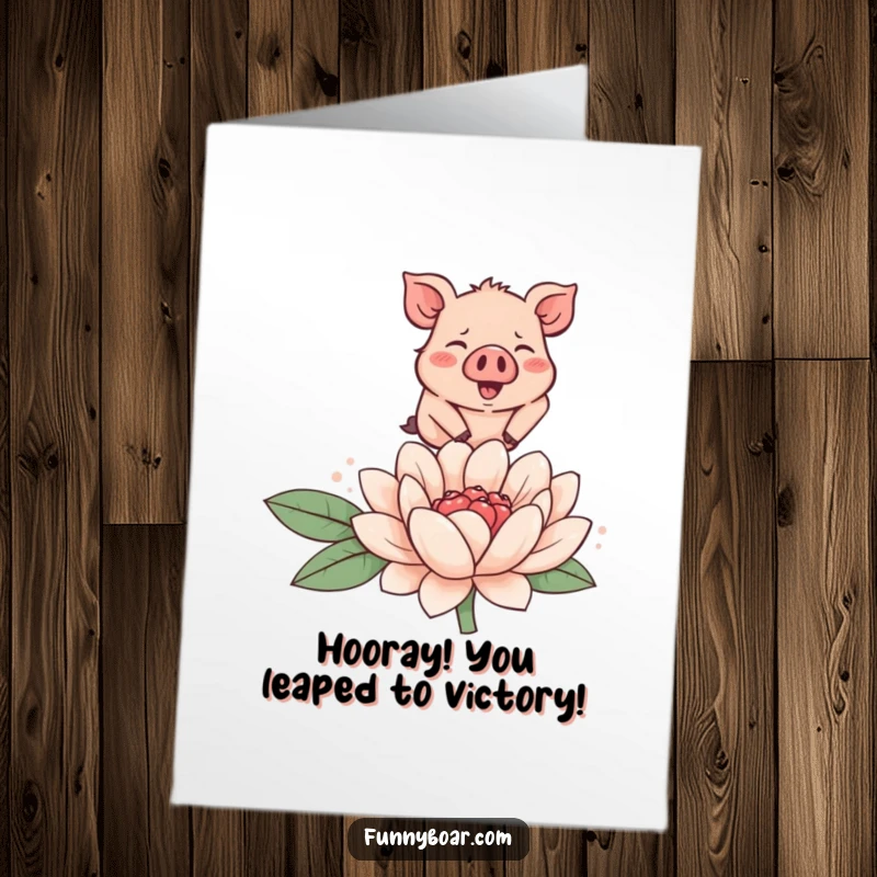Funny Free Printable Congratulations Card: A tiny, round boar with rosy cheeks joyfully leaps over a large, smiling flower.