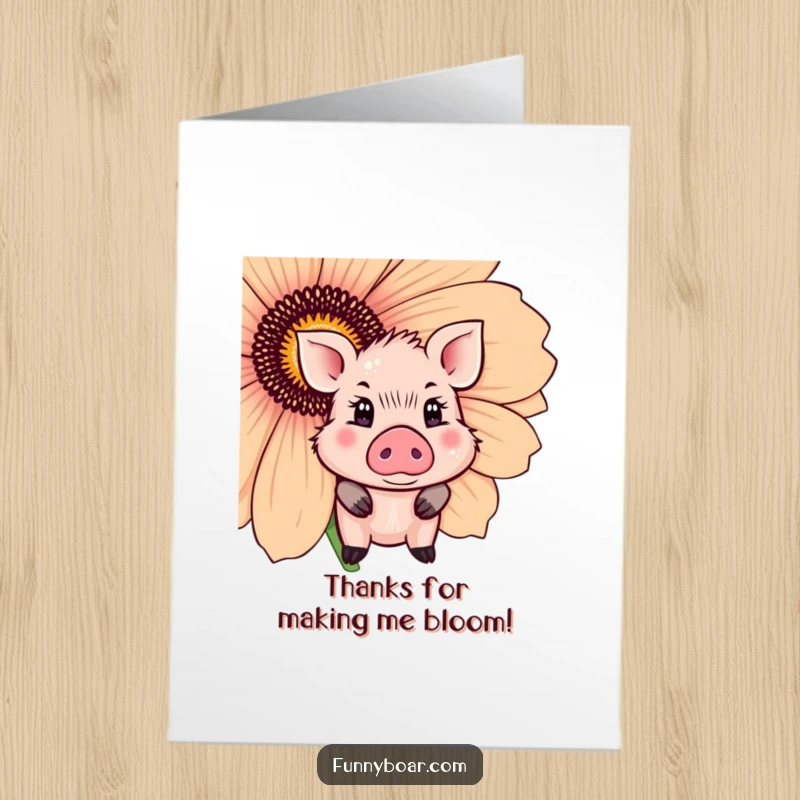 Funny Free Printable Thank You Card: Cute boar with sparkling eyes shyly peeking out from behind a giant flower.
