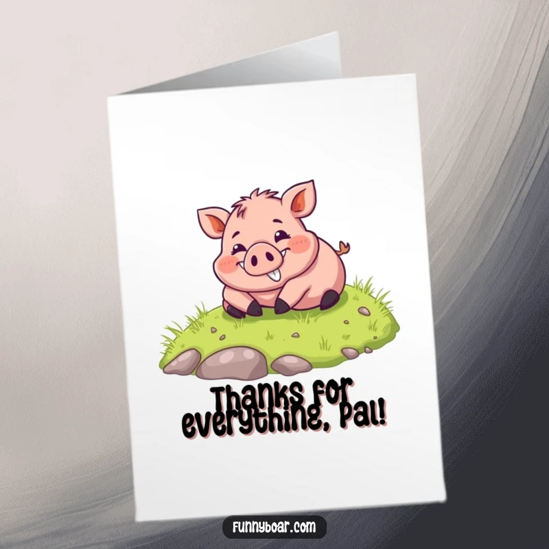 Funny Free Printable Thank You Card: Chubby boar with a wide smile happily rolling down a grassy hill.