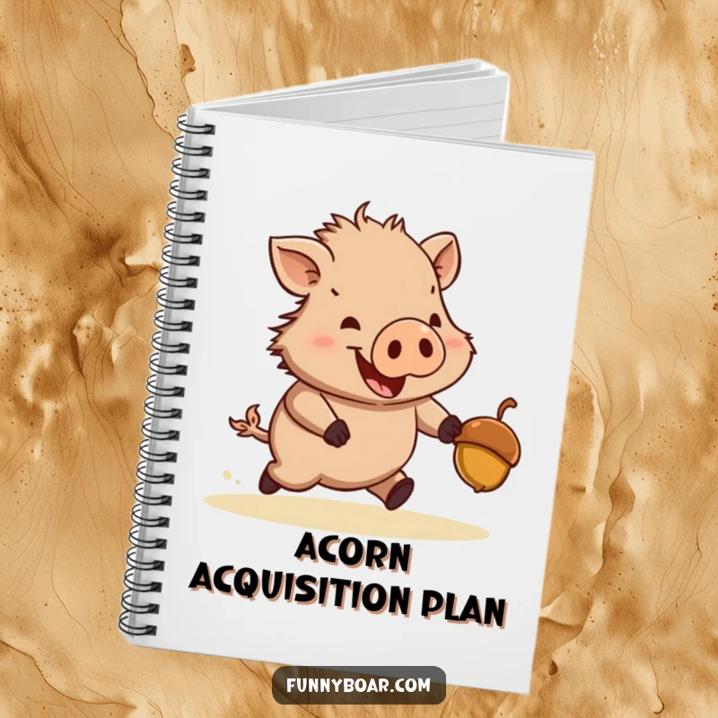 Funny notebook: A stout, short-legged boar joyfully chases a bouncing acorn, ideal for jotting down ideas and sketches.