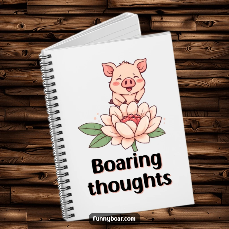 Funny notebook with cover art of a tiny, rosy-cheeked boar joyfully leaping over a large, smiling flower, ideal for notes.