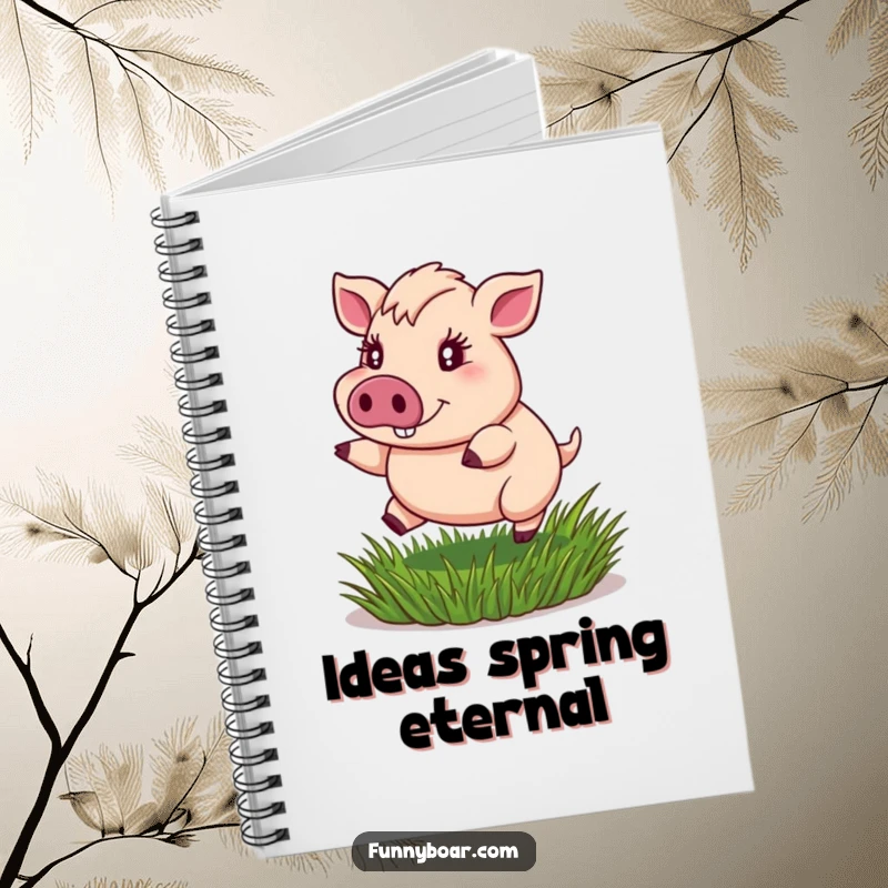 Funny notebook: A portly boar with sparkling eyes bounces joyfully on a springy tuft of grass, ideal for writing and sketching.