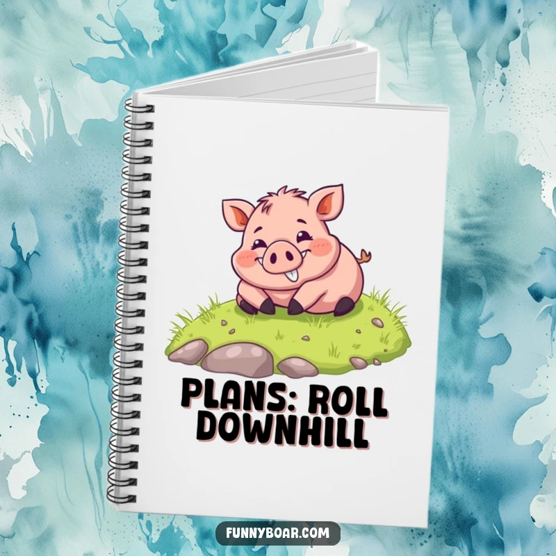 Funny Notebook: A chubby boar with a wide smile joyfully rolls down a grassy hill, perfect for notes.