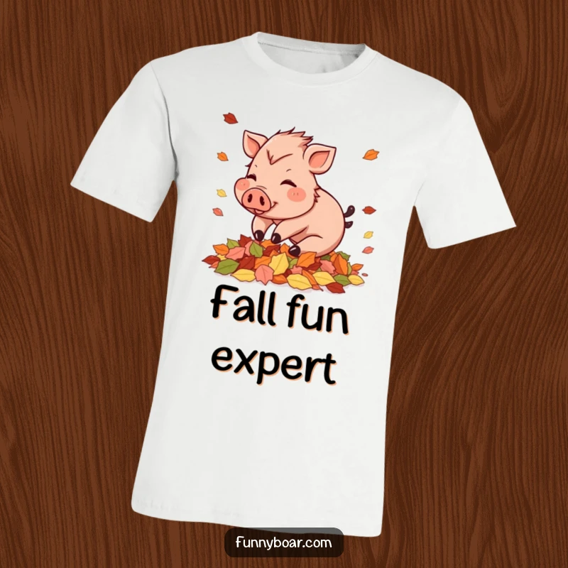 Funny T-Shirt: A rosy-cheeked small boar is depicted playfully tumbling into a large mound of colorful autumn leaves.