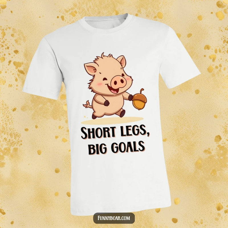 Funny T-shirt: A stout, short-legged boar with immense enthusiasm sprints after a playfully bouncing acorn, capturing a moment of pure, comical pursuit.