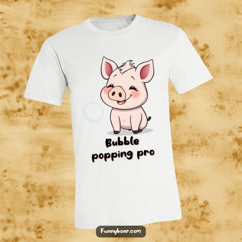 Funny T-Shirt: A floppy-eared boar with a wide smile giggles while attempting to pop a floating bubble, radiating pure delight.
